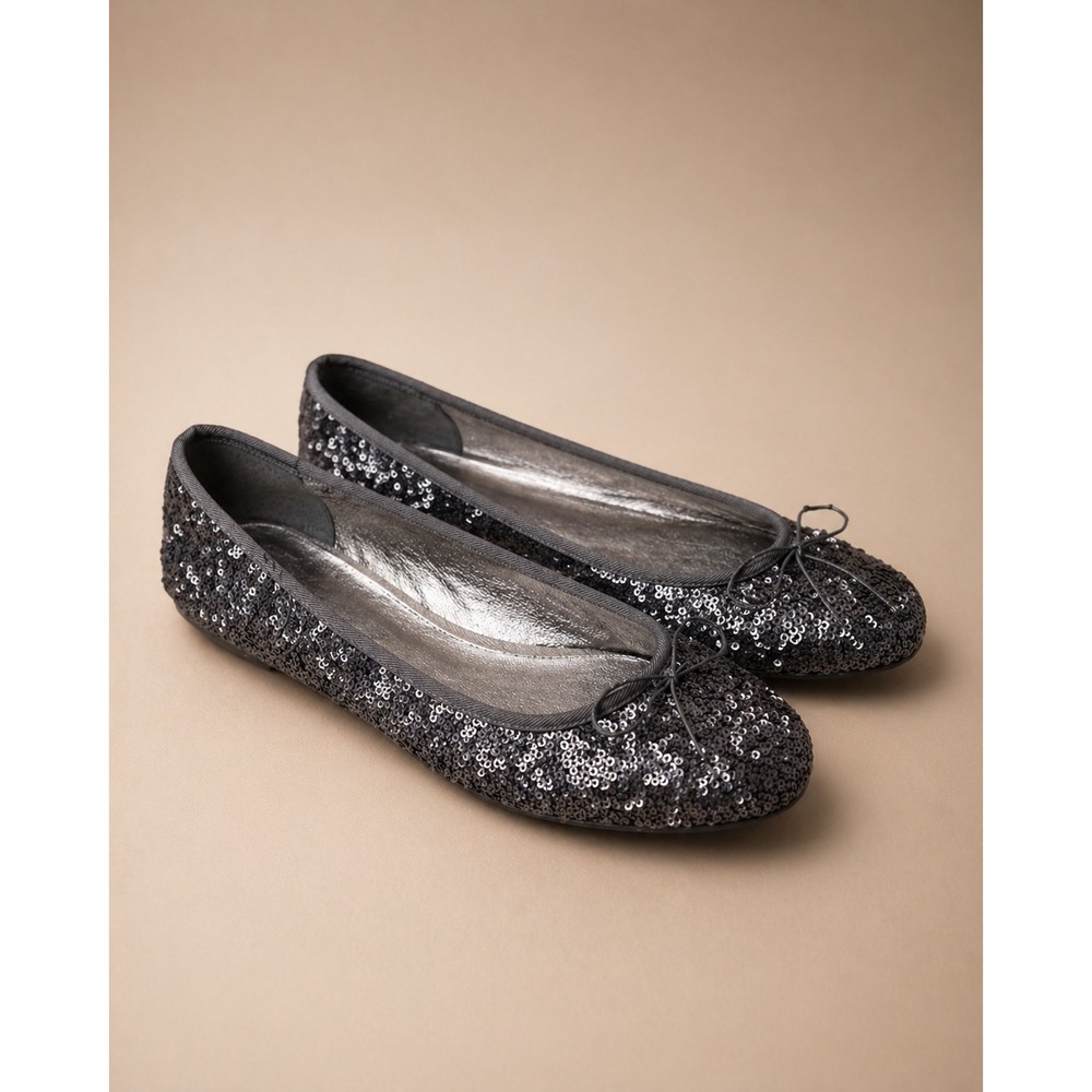 Adrianna Papell Womens Sequin Ballet Flats Gunmetal Grey Bow Detail Size‎ 8M
